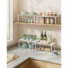 Spice Rack, Set Of 2, Expandable Kitchen Organizer, Stackable Kitchen Shelf, Metal And Wood Material, Cloud White