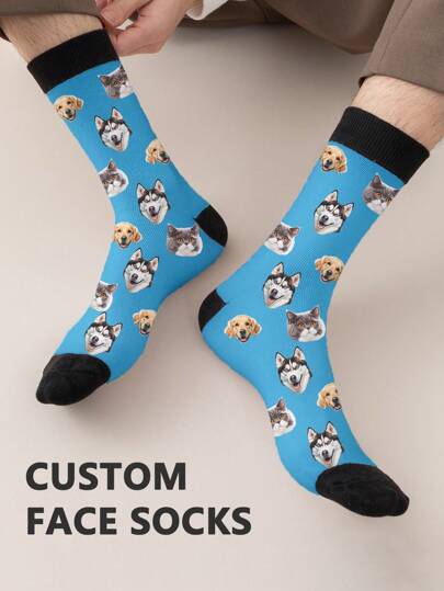 1 Paar personalisierte Gesichts-Mittellange Socken für Herren, mit jedem Gesicht bedruckbar, personalisierte Socken mit Fotos, interessante individuell bedruckte Paar mit mittellangen bis langen Socken, geeignet für Valentinstag, Geburtstage, Geschenkeanlässe und andere Gelegenheiten, personalisiert, Herbst, Hund, farbig, süß, niedlich, schlicht, witzig, individuell, einzigartig, personalisiert, ideale Geschenke für ihn, ideale Geschenke für sie, Freund, Freundin, Familie, Freunde, sie