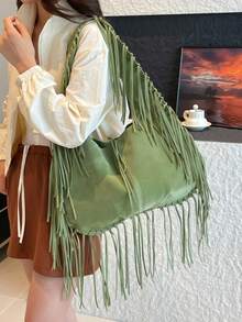 女士单肩托特包，复古休闲大容量腋下软皮流苏单肩包，