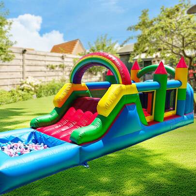 25 Ft (L) Inflatable Rental Grade Castle Bounce House, With Blower, Backyard Outdoor Obstacle Bounce House For 6 Kids Or 3 Adults, (0.45 Mm Commercial Grade PVC), (Water Slide), (Dry Wet Pool), Summer Fun, 25 X 8 X 8.5 Ft