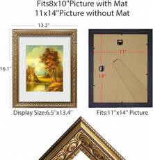 11x14 Vintage Picture Frames,Antique Picture Frame With White Mat For 8x10 Picture,Gold Frame For Wall Decor,1 Pack Ornate Picture Frame,Gold