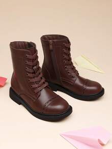 Kids' Combat Ankle Boots With Side Zipper & Lace-Up – For Toddlers, Little & Big Kids (Girls & Boys) - 棕色 - 查看 1