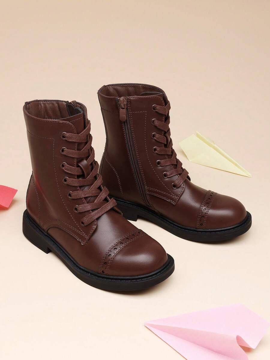 Kids' Combat Ankle Boots With Side Zipper & Lace-Up – For Toddlers, Little & Big Kids (Girls & Boys) - 棕色 - 查看 1