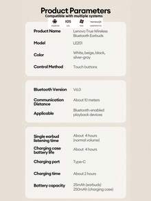 Lenovo LE201 Minimalist Bluetooth Earphones, Half In-Ear HIFI High-Quality Sound, Long Battery Life, Low Latency, ENC Call Noise Cancellation, Comfortable For Sports/Running, Wireless Earbuds Compatible With Smartphones & Computers - Nhiều màu - Xem 8