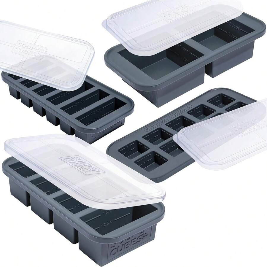 Silicone Freezer Molds Gift Set Trays With Lids - Meal Prep And Kitchen Essentials Bundle - Charcoal - View 1