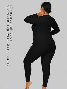 1 Set Plus Size Fleece Ribbed Crew Neck Long Sleeve Top & Letter Print Waistband 7/8 Pants, 2-In-1 Seamless Bra Included, Autumn/Winter