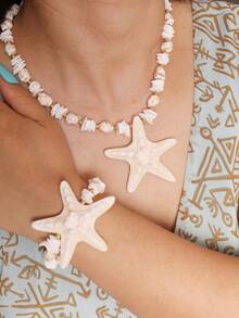 3 Peças Conjunto de Colar e Brincos com Conchas Brancas Estilo Praia, Pedra Natural, Pérola Falsa e Estrela do Mar para Mulheres, Perfeito para Férias na Praia, Festas e Presente do Dia das Mães - Estrela - Visão 3