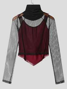 INCERUN Mens High Neck Long Sleeve Mesh Patchwork Shirt Asymmetrical  Hem Party Club Blouse T-Shirt Tops - 紅色 - 查看 4