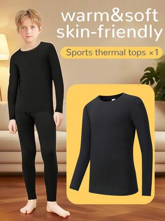 1pc Kids Thermal Underwear Top, Warm & Comfortable For Autumn/Winter, Sports Style Thermal Underwear Top, Suitable For Outdoor Activities, Warm & Breathable