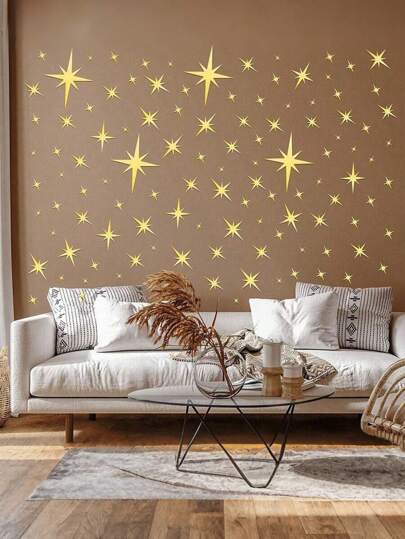 82pcs/Pack Star Design Mirror Wall Stickers Acrylic Mirror Wall Stickers Removable Self-Adhesive Suitable For Home, Living Room, Bathroom, Bedroom Decoration, DIY Wall Background Layout, Home Decoration, Room Decoration