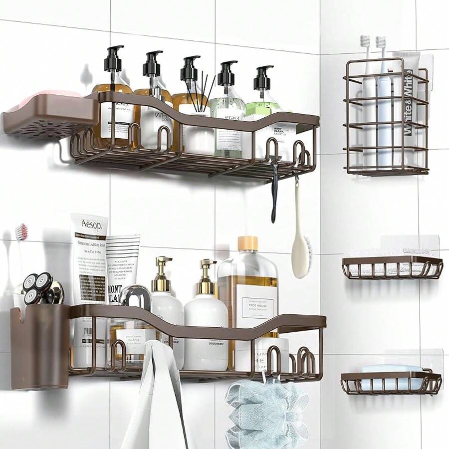 Shower Caddy Adhesive Shower Organizer 7-Pack, Rustproof Stainless Steel Bathroom Shelves, Large Capacity No-Drill Rack Storage Accessories With Soap Dish Toothbrush Holder &24 Hooks Home Decor - 棕色 - 查看 1