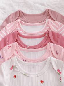 5pcs/Set Infant & Baby Girl Comfortable Cute Casual Long Sleeve Bodysuit Set, Spring/Autumn - Multicolor - View 3