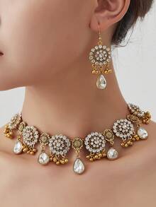 一套复古几何椭圆形和水滴形吊坠项链和耳环，南亚风格金属首饰套装，适合日常佩戴、派对和海滩度假配饰 - 女士金屬首飾套裝 - 查看 3