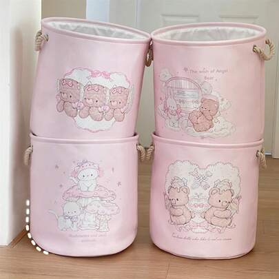粉色收纳桶，可爱装饰洗衣篮，可折叠厚布收纳箱，脏衣桶，玩具收纳篮，带熊、兔子、猫咪图案，适用于客厅、卧室、浴室、女孩房间