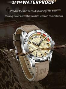 Relojes de cuarzo de moda para hombres de la marca NAVIFORCE, con correa de cuero, resistentes al agua, con calendario y reloj - Marrón plateado - Ver 8