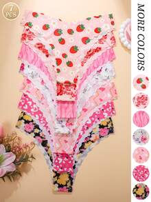 7pcs/Pack - Women's Wavy Trim Sexy & Comfortable Floral Print Seamless Triangle Panties, Pink & Red Shades