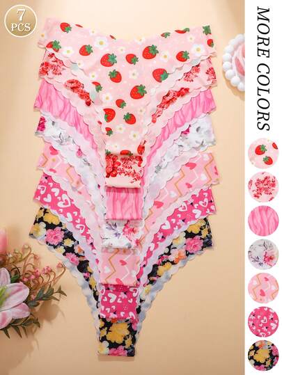 Set de 7 piezas - Bragas triangulares sin costuras con estampado floral, con acabado ondulado, sexy y cómodas, en tonos rosa y rojo