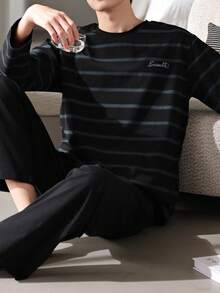 AICJ 2 件男士休闲宽松条纹圆领长袖套头衫和长裤睡衣套装，适合派对、居家、旅行、春季、秋季、冬季、秋季服装 - 黑色 - 查看 4