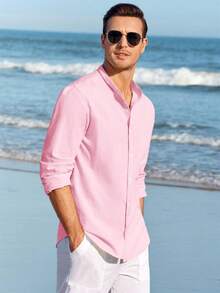 Runcati Men Linen Shirt Button Down Long Sleeve Cotton Beach Band Collar Casual Summer Shirts - Hồng - Xem 2