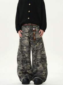 1 Stück Retro Amerikanischer High Street Utility Camouflage Patchwork Lässige Weite Bein Jeans Cargo Hose für Herren, Emo Stil