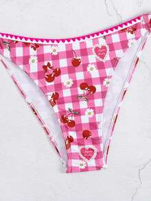 新款夏季女式系带蕾丝花齿可爱樱桃印花性感度假比基尼套装 - 彩色 - 查看 5