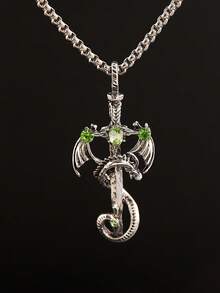 1pc Vintage Multi-Color Gemstone Dragon Sword Stainless Steel Pendant Necklace, Punk Style Unisex Couple Necklace For Daily Wear