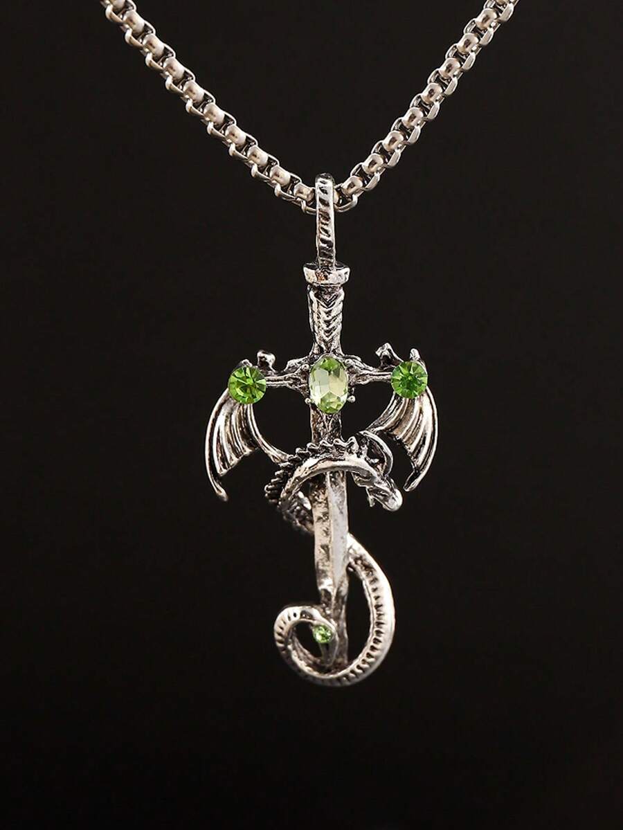 1pc Vintage Multi-Color Gemstone Dragon Sword Stainless Steel Pendant Necklace, Punk Style Unisex Couple Necklace For Daily Wear