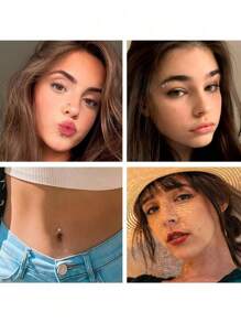 20 件银色假肚脐穿孔方晶锆石夹式肚脐贴环耳钉非穿孔假肚脐环心形银色