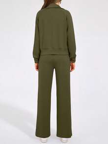 Women's 2 Piece Outfits Casual Lapel Half Zip Sweatshirts And Wide Leg Pants Tracksuit Sets - xanh quân đội - Xem 2
