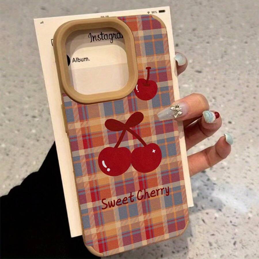 Funda para phone con diseño de cuadros y cerezas. Compatible con phone 15 Plus, 16 Pro, 14, XS, 13, 12 y 11. Piel sintética suave. - Colores mixtos 1 - Ver 1