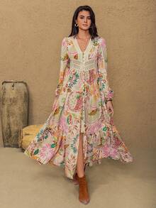 Rusttydustty Women Plus Size Bohemian Floral Lace Long Sleeve Leisure Dress Music Festival Beach Vacation Pink Spring Elegant - Pink - View 4