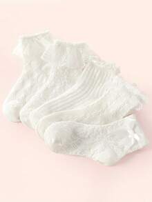 5對女孩荷葉邊休閒中筒襪適用於日常 - 白色 - 查看 6