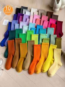 10 أزواج من الجوارب متوسطة الطول متعددة الألوان للجنسين، جوارب بألوان الحلوى، جوارب كاجوال متعددة الاستخدامات، مناسبة للربيع/الخريف، الرياضة، الرقص، جوارب أحادية اللون