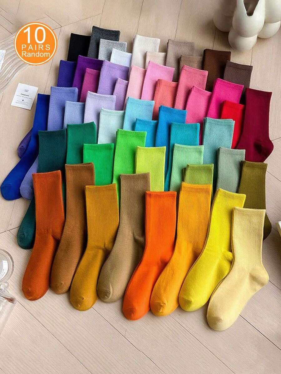 10 أزواج من الجوارب متوسطة الطول متعددة الألوان للجنسين، جوارب بألوان الحلوى، جوارب كاجوال متعددة الاستخدامات، مناسبة للربيع/الخريف، الرياضة، الرقص، جوارب أحادية اللون