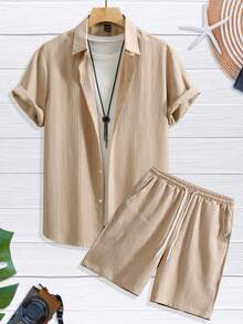 Conjunto de camisa casual para hombre, camisa de manga corta de color liso y pantalones cortos con cintura con cordón - Caqui - Ver 3