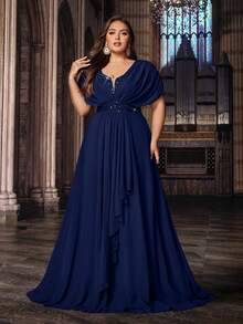 经典款大码女士夏季正式晚礼服，高档派对礼服，适合派对、生日、晚宴等场合，雪纺短袖亮片拼接长裙，春季婚纱礼服 - 藏蓝色 - 查看 1