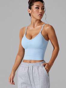 1pc Women's Adjustable Crisscross Back Tight-Fitting Seamless Short Crop Top Sports Bra - Màu xanh nhạt - Xem 4