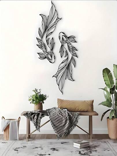 2pcs Koi Fish Metal Wall Art Decor, Minimalist Line Art For School, Home Interior Design, Feng Shui, Living Room Decoration Bedroom Decor Home Decor Wall Decor School Decor School Surprise Dormitory Decor Back To School School Supplies