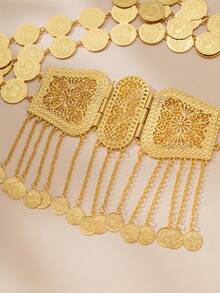 1 pieza Cinturón para la cintura decorado con moneda chapada en oro cobre para mujeres, abaya turca, joyería corporal para fiesta de boda árabe - Dorado - Ver 5