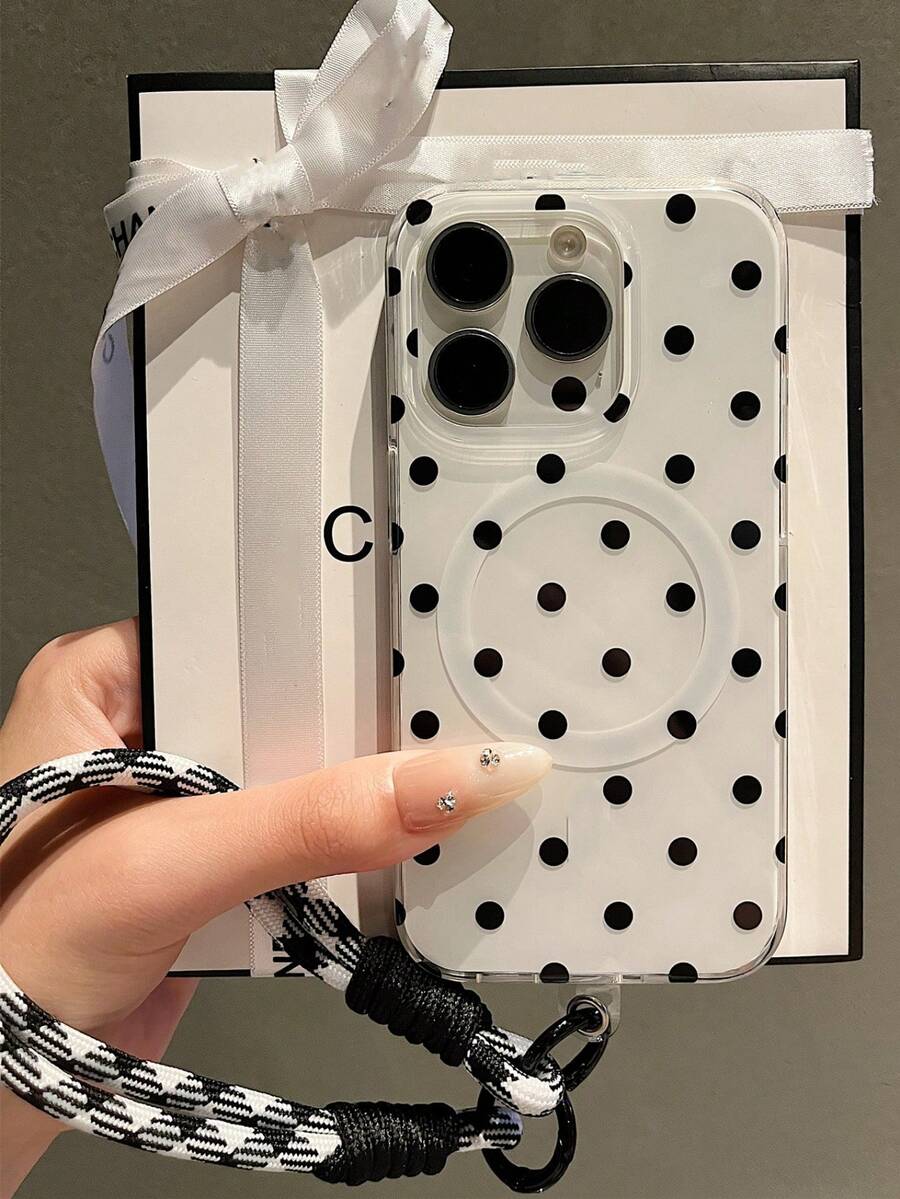 Minimalist Polka Dot Soft Magnetic Wireless Charging Wristband Phone Case, Compatible With IPhone 17 Pro Max, 17 Pro, 17 Air, 17, 16, 15, 14, 13, 12, 11 Pro Max, Candy Color Jelly Shock-Proof Frame - Black Dots On White - View 1