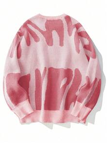 时尚图案圆领长袖休闲套头衫印花落肩字母组合学院风街头风春假针织毛衣 - 彩色 - 查看 2