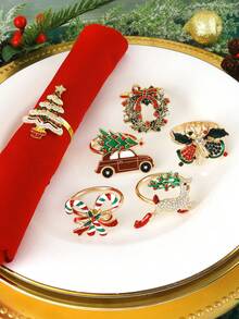 Juego de 2-6 anillos para servilletas navideñas, con diseños de renos, árboles de Navidad, coronas doradas vintage, bastones de caramelo, para decoración de mesa navideña, anillos para servilletas de fiesta de Navidad - Multicolor - Ver 9