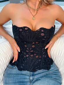 1pc Black Textured Sheer Floral Lace Corset Hollowed Out Bustier Cute Crop Top For Daily Wear/Party/Wedding - màu đen - Xem 2