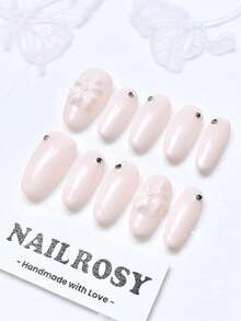 nailrosy 10件組手工美甲貼片套組 杏仁形 粉色銀色蝴蝶人造珍珠貓眼 典雅極簡復古 日系韓系清新設計 獨特法式中性經典創意 亮面光澤漸層 單色美甲貼片美甲用品 - 粉色 - 查看 3