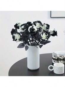 10pcs Artificial Black And White Roses Bouquet, Plastic Gothic Fake Flowers For Wedding, Halloween Decor Realistic Rose Stem For Home Office Display