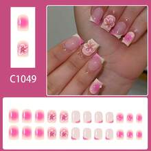 24Pcs Short Square Press On Nails Pink Gradient French Tip Nails With 3D Flower Ripple Design Glue On Nails Glossy Acrylic Nails Summer Full Cover Stick On Nails Women Girls Daily Wear - 鍍鉻金星弓-2 - 查看 3