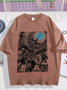 EWH Vintage Men's Vintage Washed Short Sleeves With Artistic Text Printing, Loose Street Style Short SleevesDG004 - Cà phê nâu - Xem 1