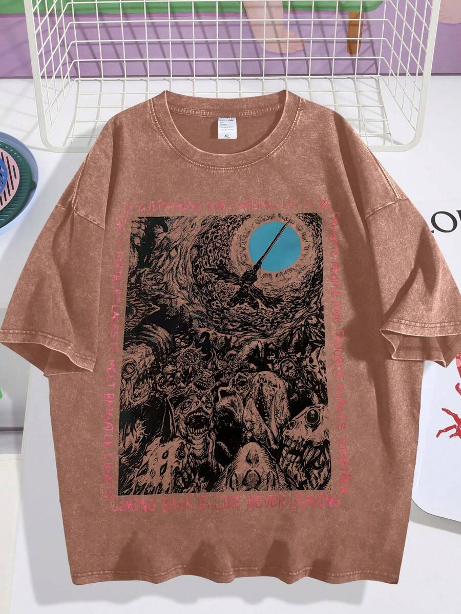 EWH Vintage Men's Vintage Washed Short Sleeves With Artistic Text Printing, Loose Street Style Short SleevesDG004 - Cà phê nâu - Xem 1