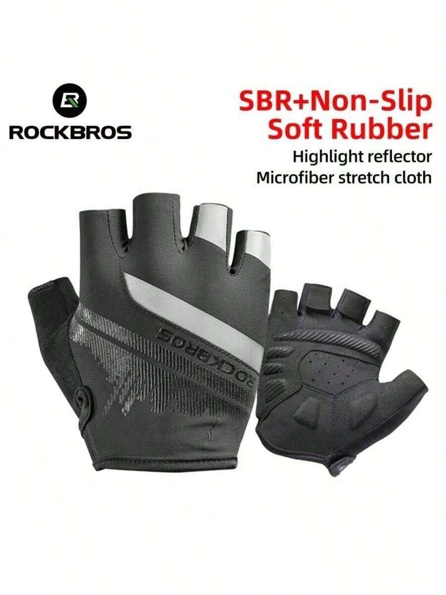 ROCKBROS A Pair Of Half-Finger Gloves Slip-Resistant And Durable Made From SBR Anti-Slip Soft Rubber Material Featuring High-Visibility Reflective Strips The Glove Design Features A Silhouette Of Shanghai City Touchscreen Compatible Unisex Design Essential For Cycling - Black - View 1