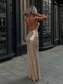 Sexy Sequin Halter Long Dresses Women Elegant Backless Neck Hanging Slim Maxi Dress Fashion Lady Party Everning Split Robes - Vàng - Xem 3